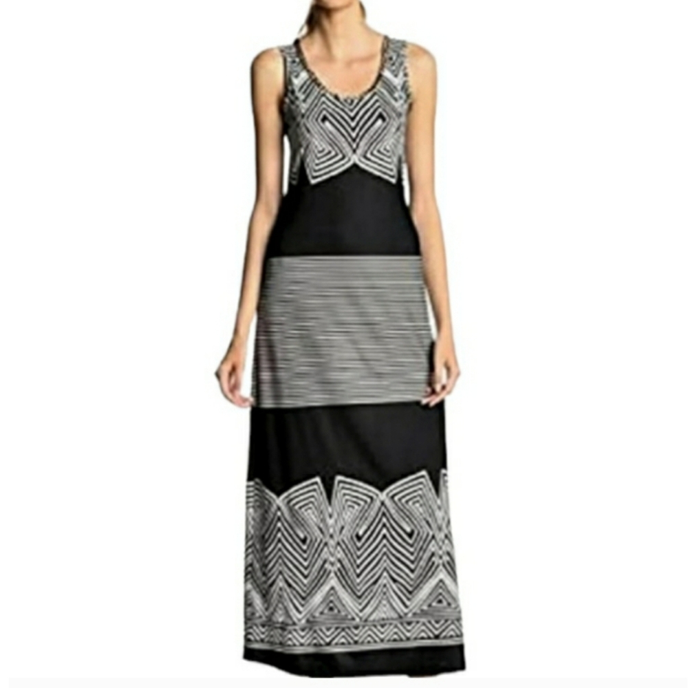 MSK Black & White Geometric Stripe Print  Sleeveless Maxi Small Dress NWT